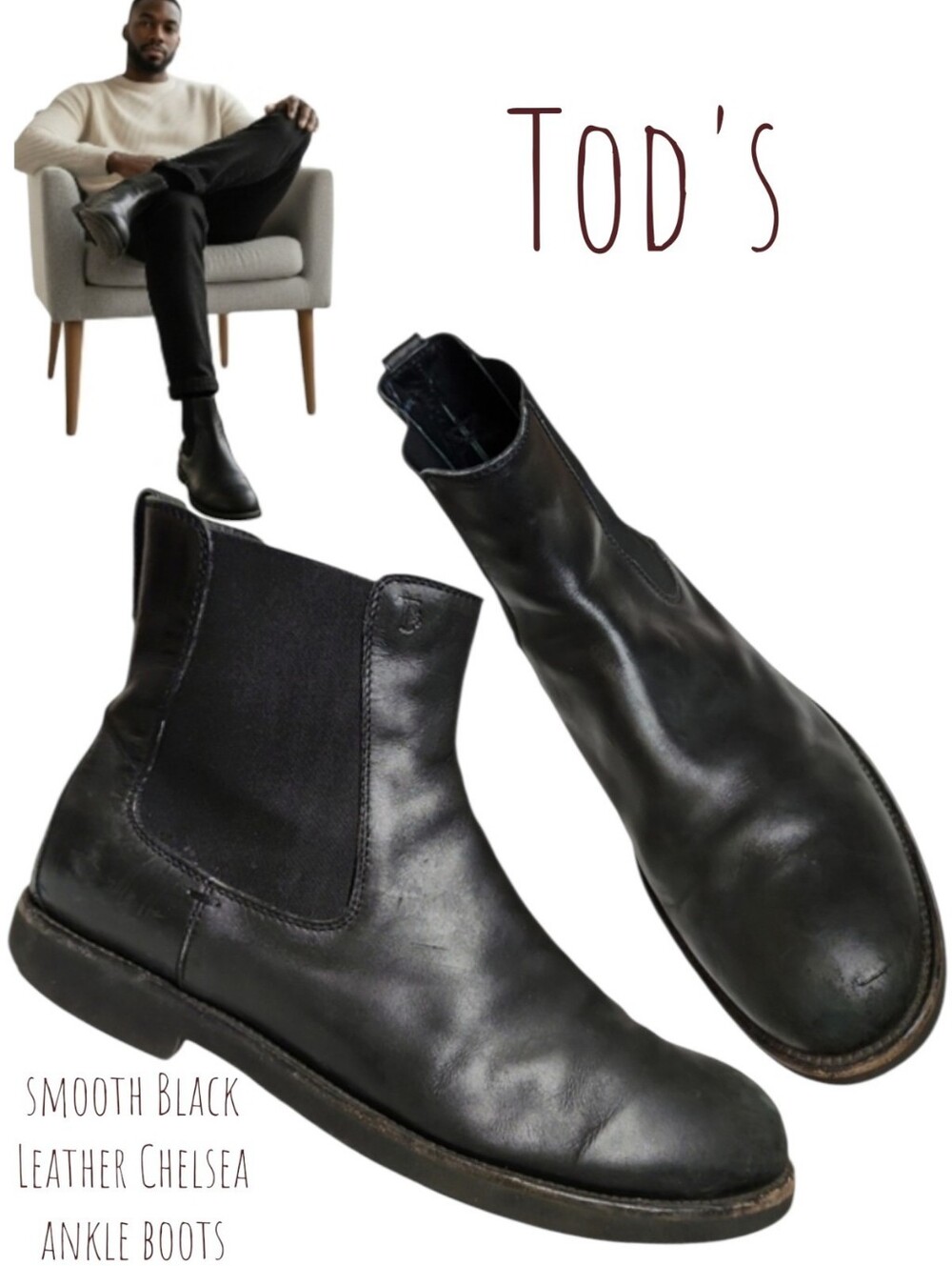 TOD'S Men's Classic Soft Black Leather Chelsea ankle boots elastic gore 7 EU 41